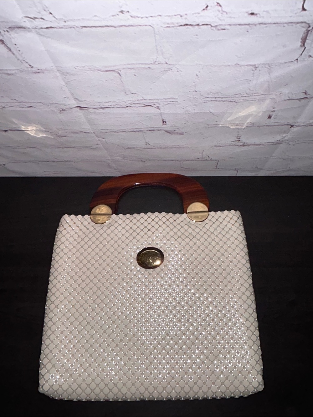 Vintage Whiting & Davis metal mesh bag with wood grain lucite handles